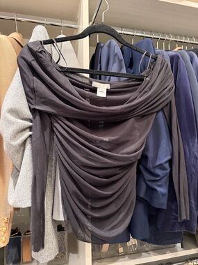 Draped Off-Shoulder Black Mesh Blouse